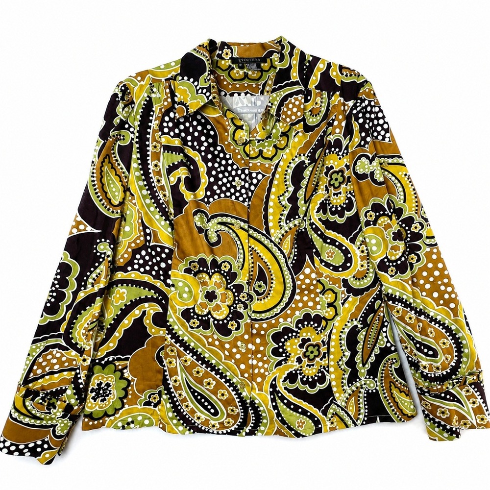 Etcetera Paisley Button Down Blouse Size 16 Retro 70s Brown Green Gold Cotton